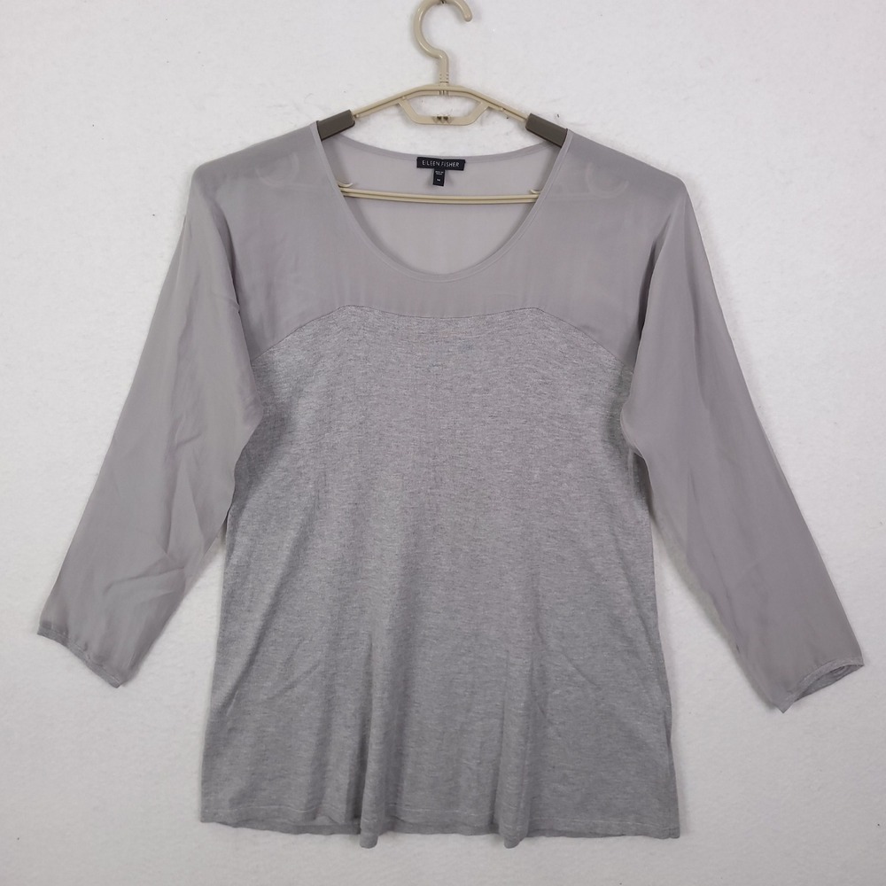 Eileen Fisher Silk Trim Mixed Media Knit Top Gray 3/4 Sleeve Size M Minimalist